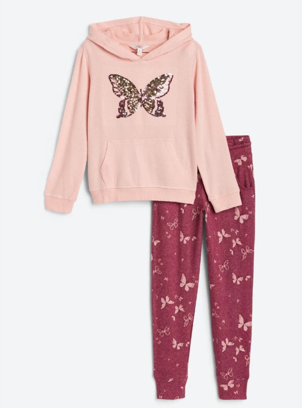 R+R The Brushed Kanga Pocket Butterfly Sequin Hoodie Set Size M